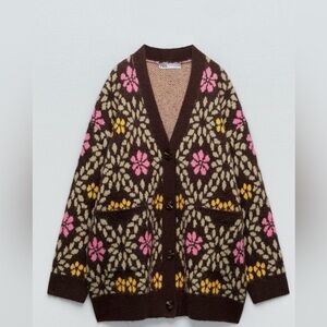 Zara Brown Floral Jacquard Button-Front Cardigan with Pink & Yellow Accents